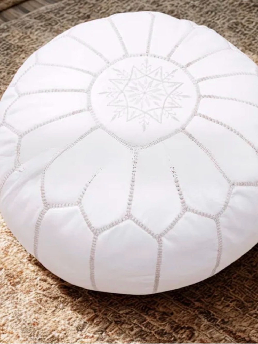 White Moroccan Leather Pouf Ottoman